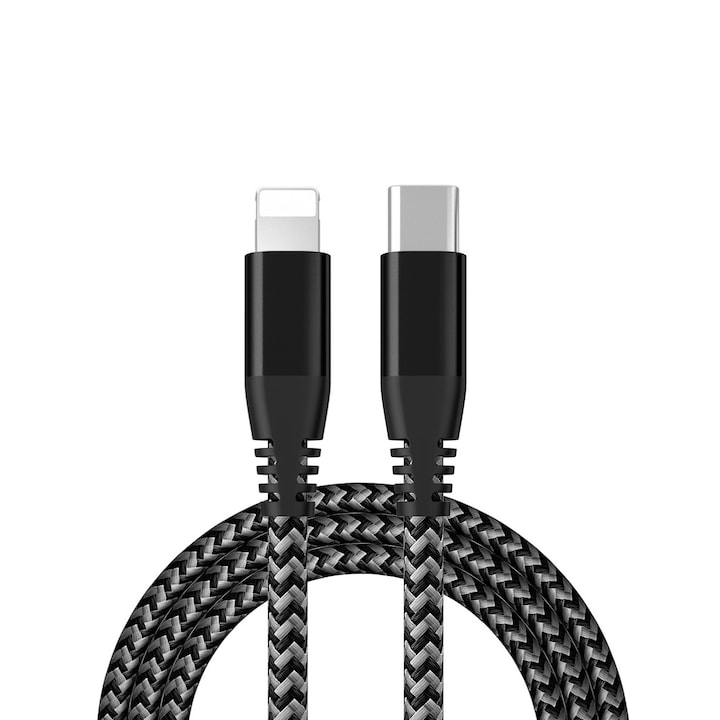 Adatkábel és gyorstöltés SuperFastCharge 27W, AHA PRINT, Apple Iphone 8, X, 11, 12, 13, 14 Pro & ProMax, Ipad készülékekkel kompatibilis, 9V3A, TEXTIL PREMIUM, UsbC- Lightning, 3m, fekete textil
