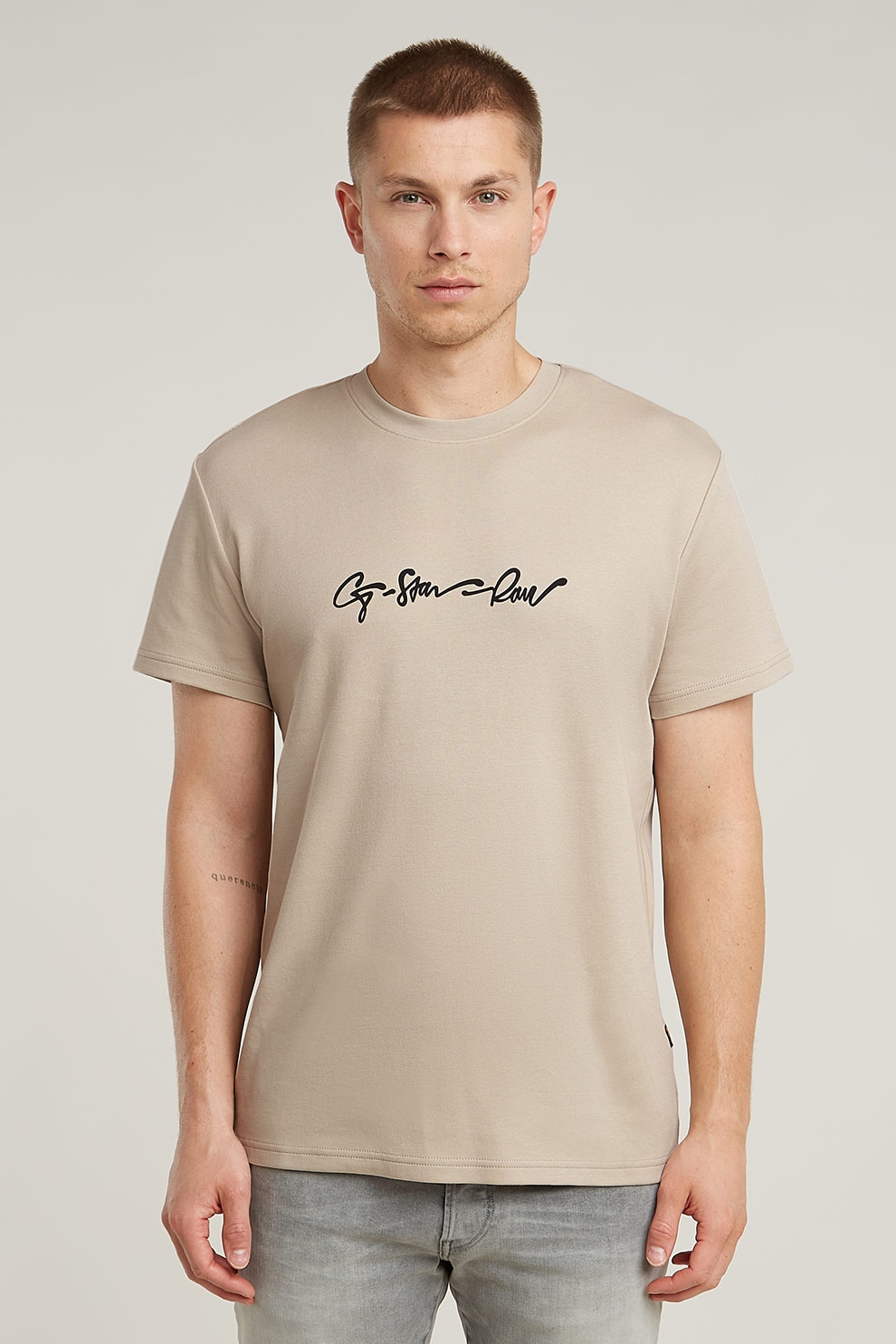 G-STAR, Tricou de bumbac organic G-Script, Negru, Maro nisip, S
