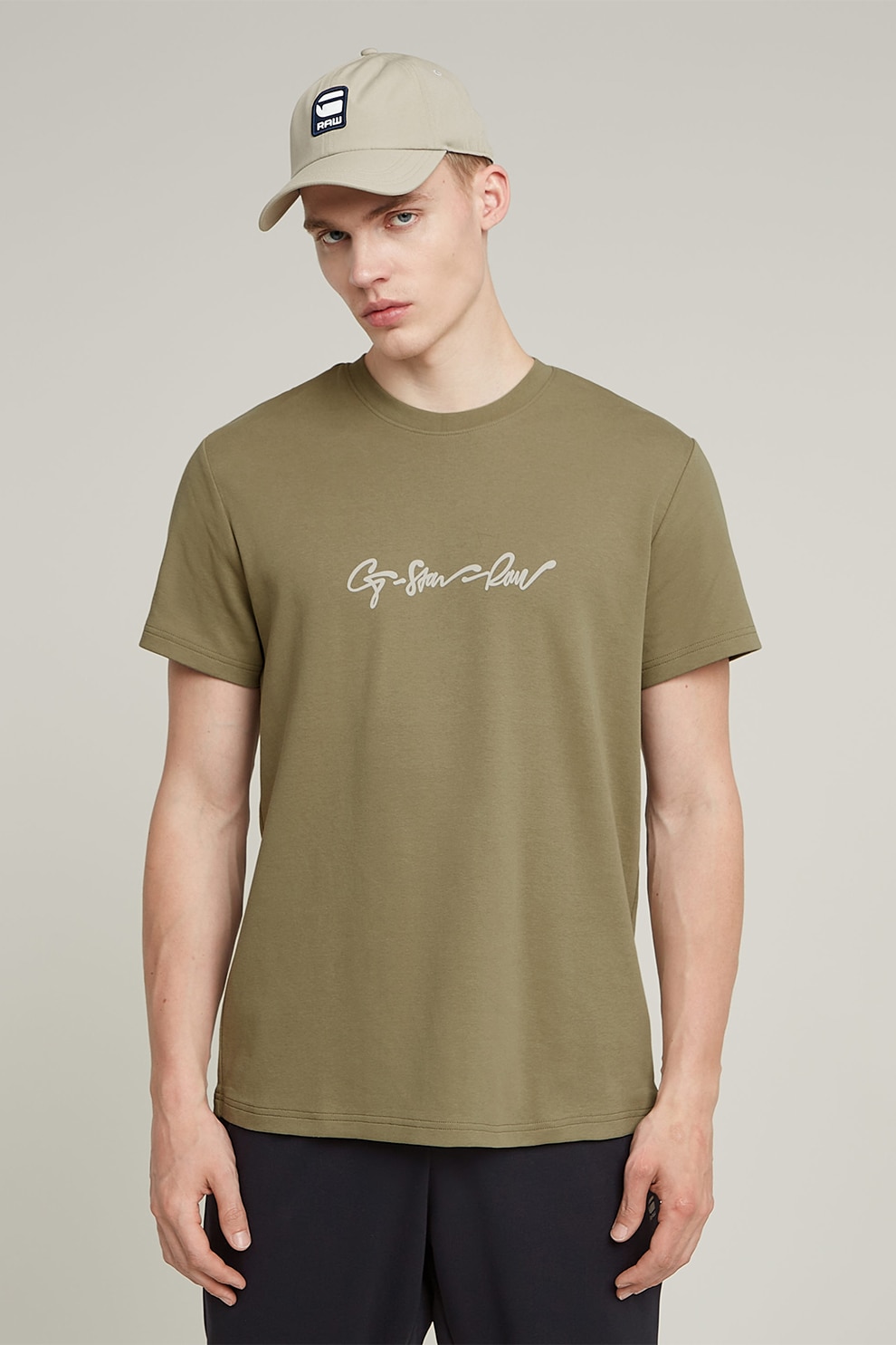 G-STAR, Tricou de bumbac organic G-Script, Kaki, Grej, XL
