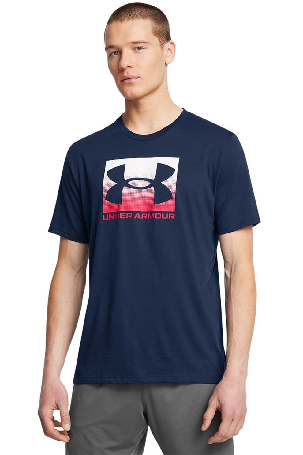 Under Armour, Tricou lejer cu logo Boxed, Alb, Bleumarin, S