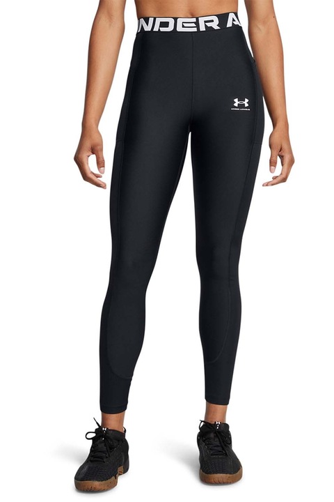 Under Armour, Colanti cu talie inalta si banda logo Heatgear, Alb/Negru