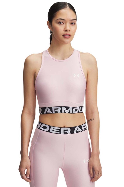 Under Armour, Top crop cu banda logo pentru fitness, Alb/Roz pal