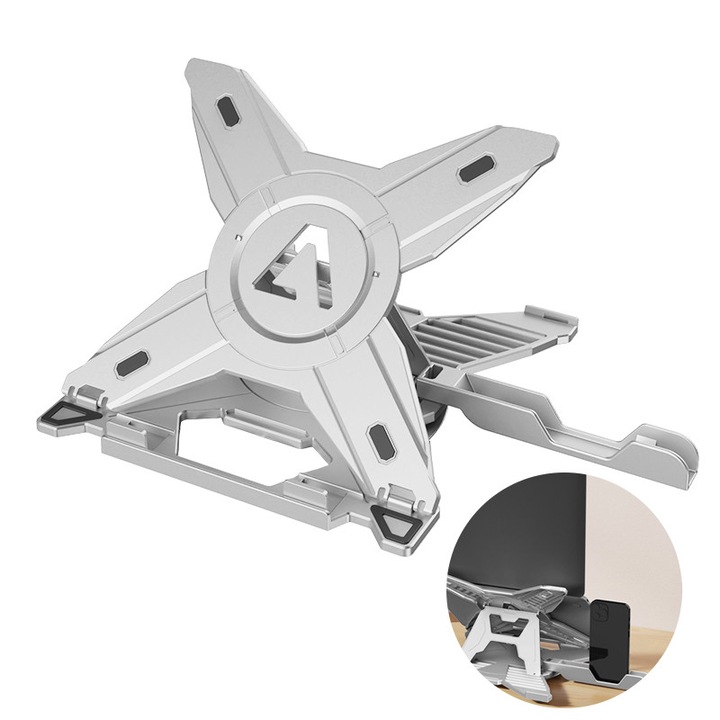 Suport pentru laptop, stand laptop, reglabil in mai multe unghiuri, portabil si pliabil, ABS de inalta calitate, 10-15,6 inchi, 250x20x260mm, Aproape alb