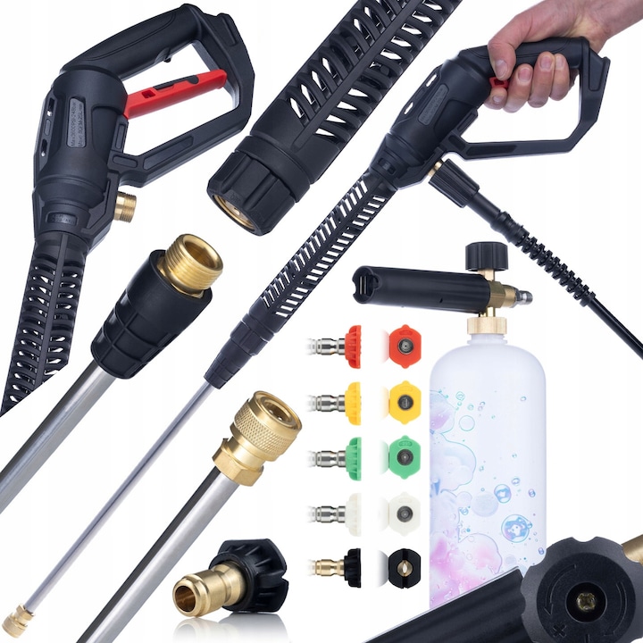 Rosfix Pro Clean Gun PCG1 magasnyomású mosó tartozékokkal + Rosfix 1000 ml-es habpisztoly mosógéphez + 5 db fúvóka készlet gyorscsatlakozóval