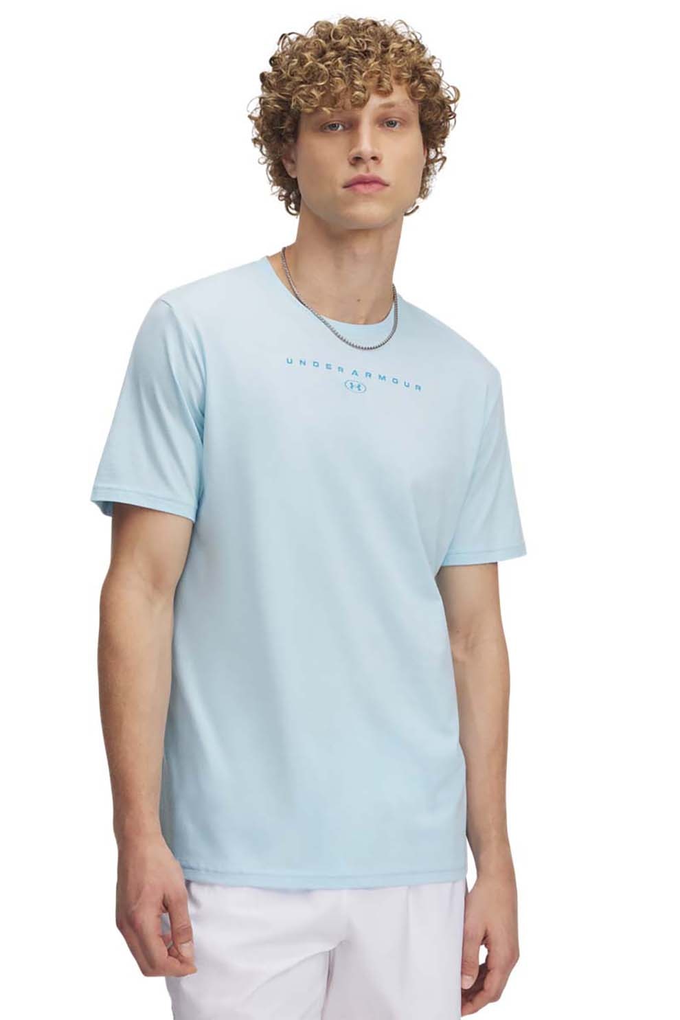 Under Armour, Tricou cu imprimeu logo Stacked, Albastru deschis, M