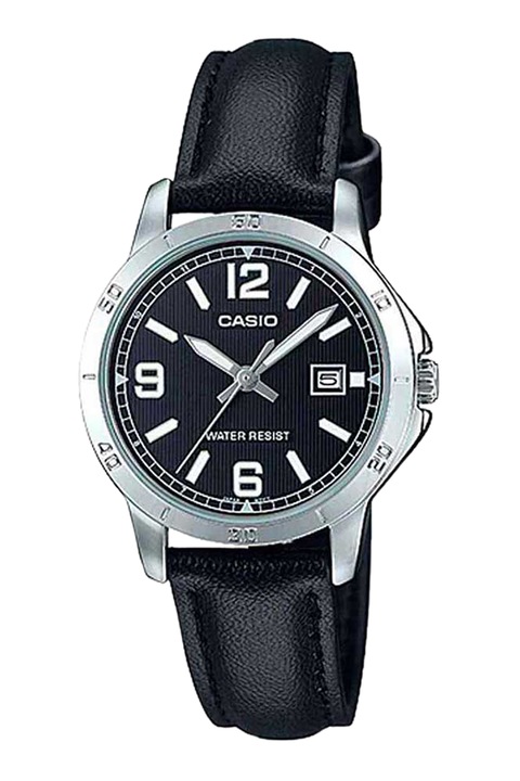 Casio, Кварцов часовник с кожена каишка, Сребрист, Черен