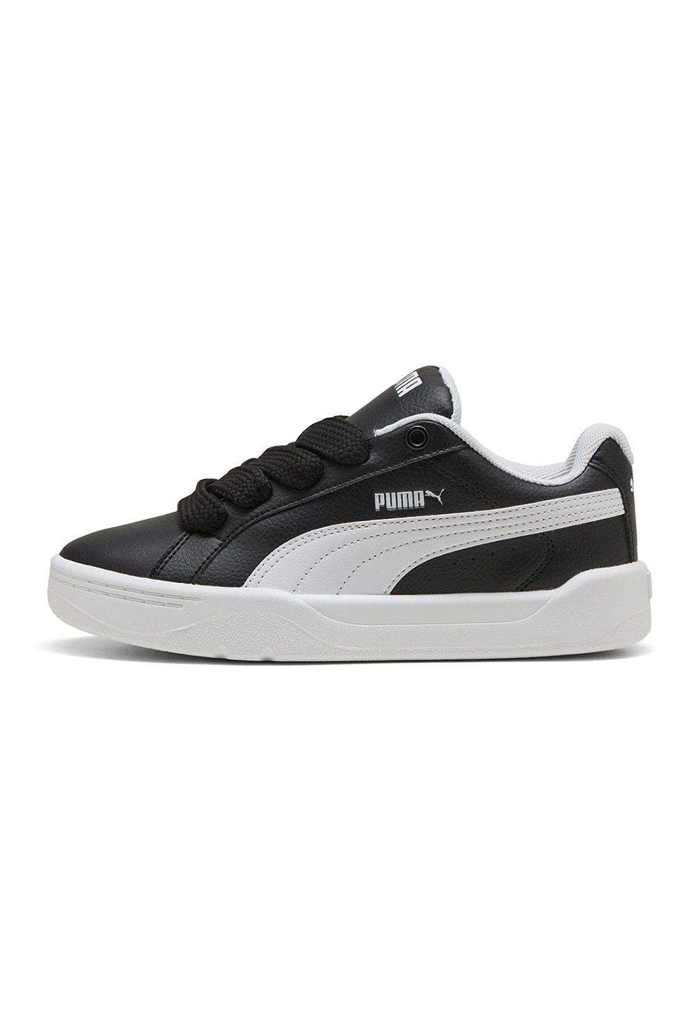 Puma, Pantofi sport Easy Jr de piele ecologica cu sireturi, Alb, Negru, 37.5 EU