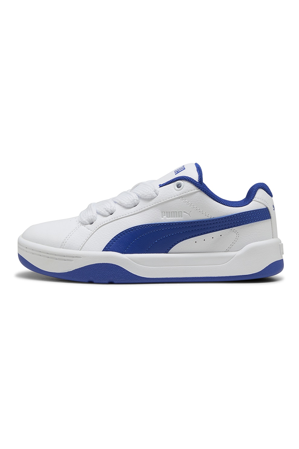 Puma, Pantofi sport Easy Jr de piele ecologica cu sireturi, Alb, Albastru royal, 37.5 EU