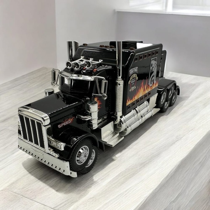 Amerikai teherautó "Big Rick" fémmodell, 1:24 méretarány, fekete, fények, hangok, hátrahúzás, nyitható ajtók, motorháztető, 24cm, Vision XXI