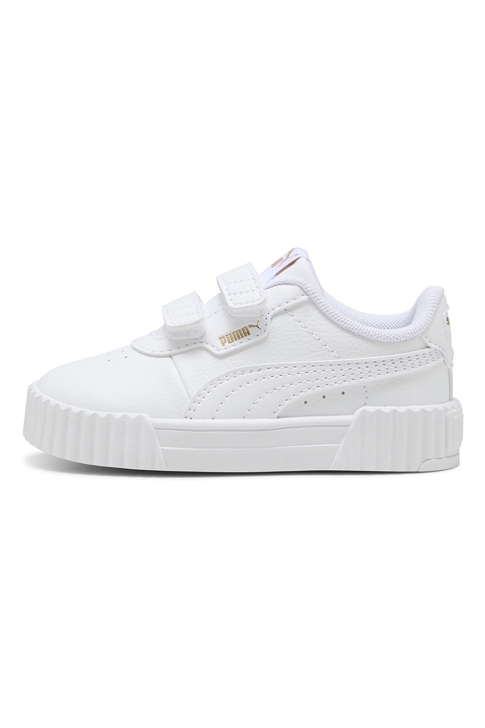 Puma, Pantofi sport din piele ecologica cu inchidere velcro Carina 3.0, Alb, Auriu, 23 EU