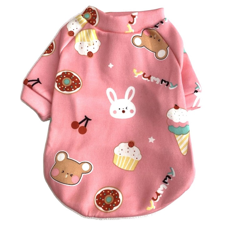 Haina caini talie mica tip tricou, captusita cu material pufos, ideal sezonul rece, Roz cu prajituri, 32 x 21 cm