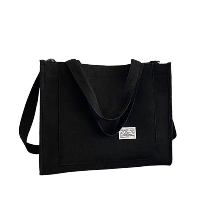 Geanta de umar din corduroy, ZHONYEE, neagra, cu capacitate mare, 26.7x21.6x14 cm, cu buzunare