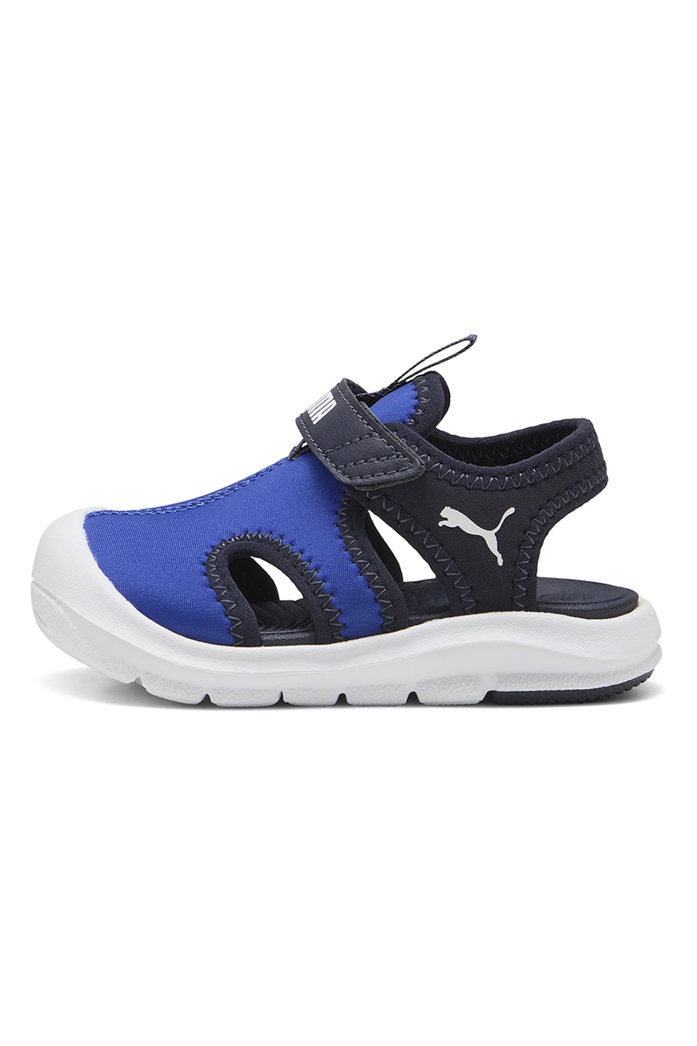 Puma, Sandale Fun Racer cu inchidere velcro si decupaje, Alb, Negru, Albastru royal, 19 EU