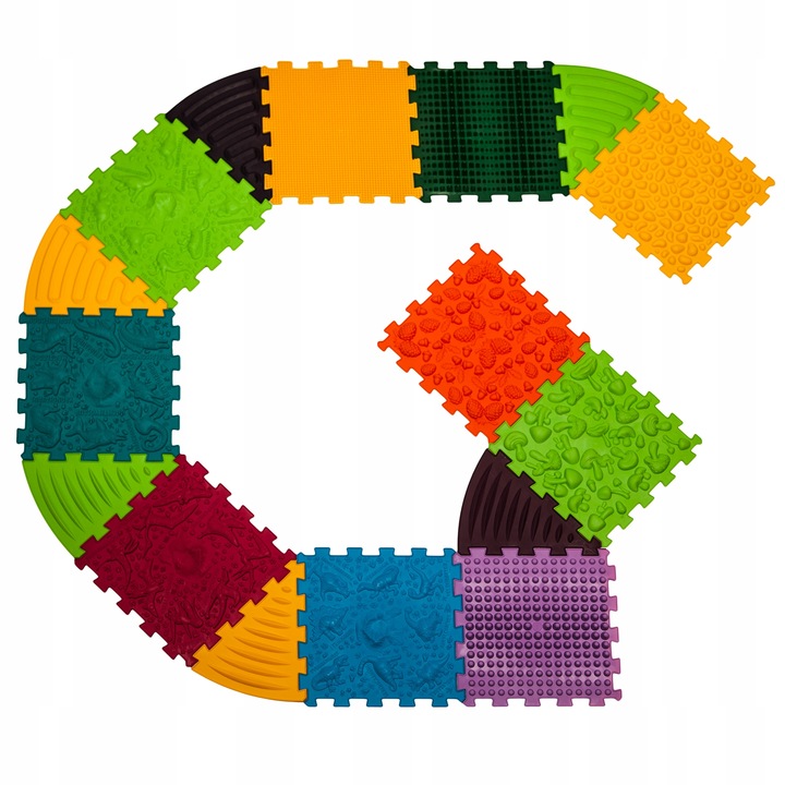 Covor de masaj copii, Ortek, set 10 puzzle-uri patrate + 6 triunghiuri, multicolor, 26x26cm