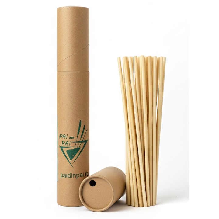 Paie de baut din tulpini de SECARA, 80 bucati, 23cm, in dispenser reincarcabil carton Painita: naturale si biodegradabile, produs romanesc sustenabil