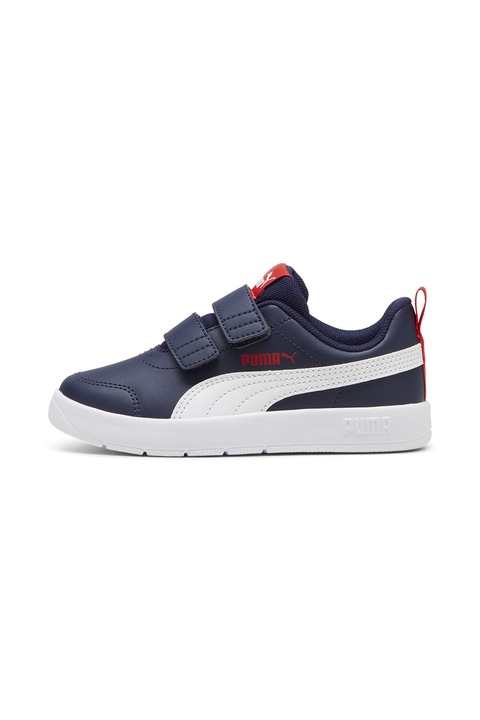 Puma, Pantofi sport Courtflex V3 cu velcro, Alb/Bleumarin