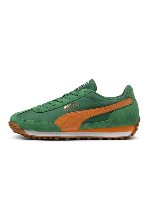 Puma, Pantofi sport Easy Rider Vintage cu garnituri de piele intoarsa, Verde padure, Portocaliu mandarina, 6
