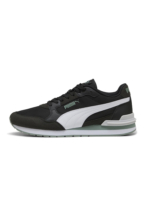 Puma, ST Runner v4 NL műbőr sneaker textil betétekkel, Koptatott fekete/Púderzöld