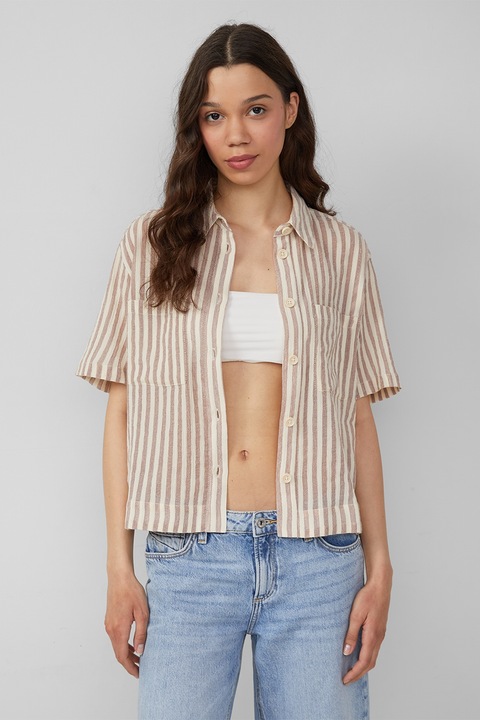 QS, Rövid ujjú hajszálcsíkos ing, Csontszín/Púderrózsaszín