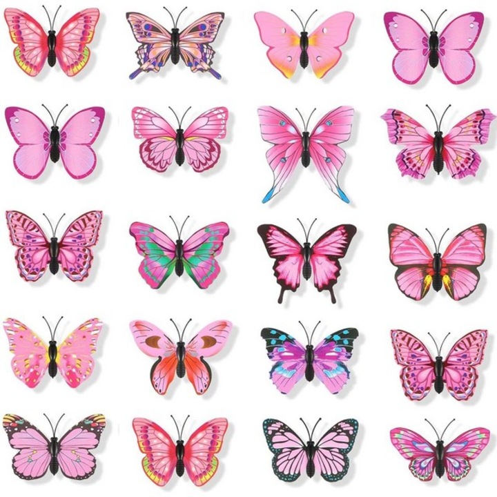 Set 50 fluturi décor, roz cu ace de siguranta