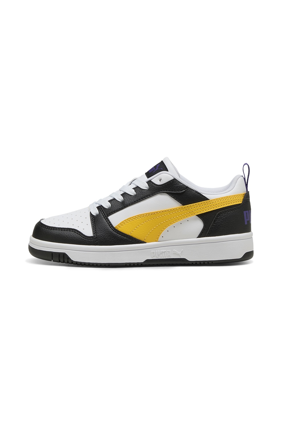 Puma, Pantofi sport Rebound V6 din piele ecologica, Alb, Negru, Galben, 36 EU