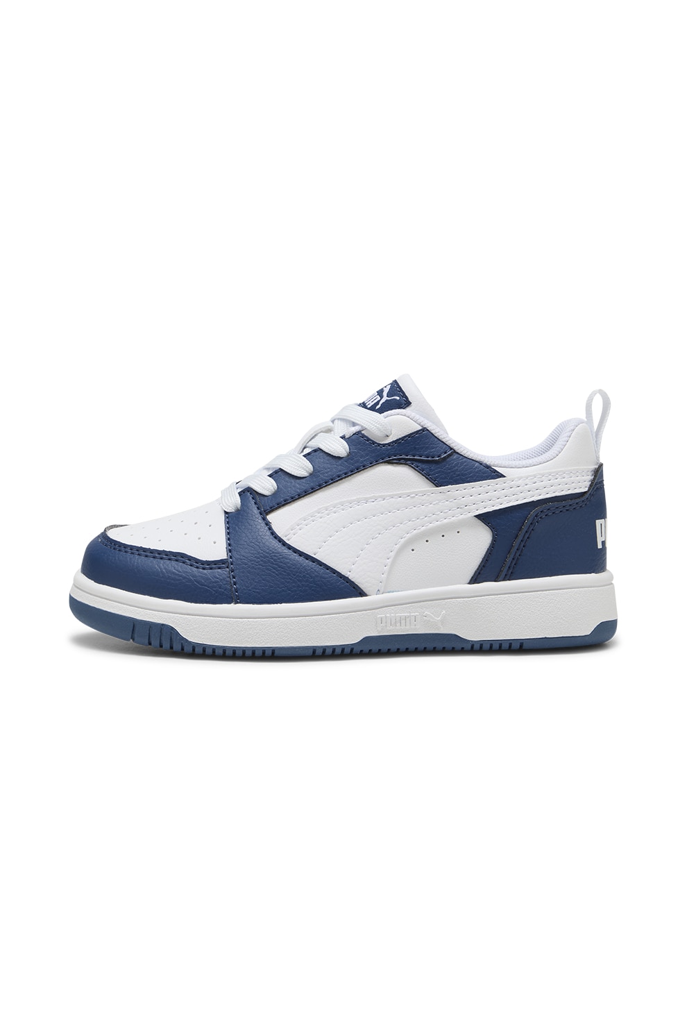 Puma, Pantofi sport de piele ecologica Rebound V6, Alb, Albastru inchis, 28 EU