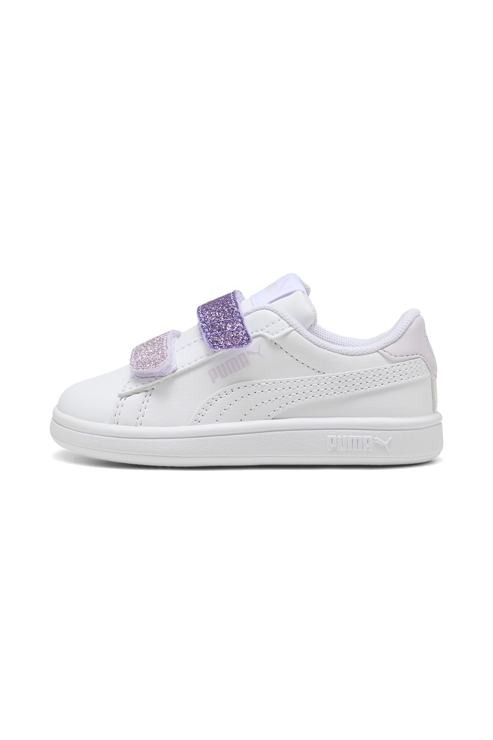 Puma, Pantofi sport Smash 3.0 de piele ecologica cu velcro si particule stralucitoare, Alb, Violet, 19 EU
