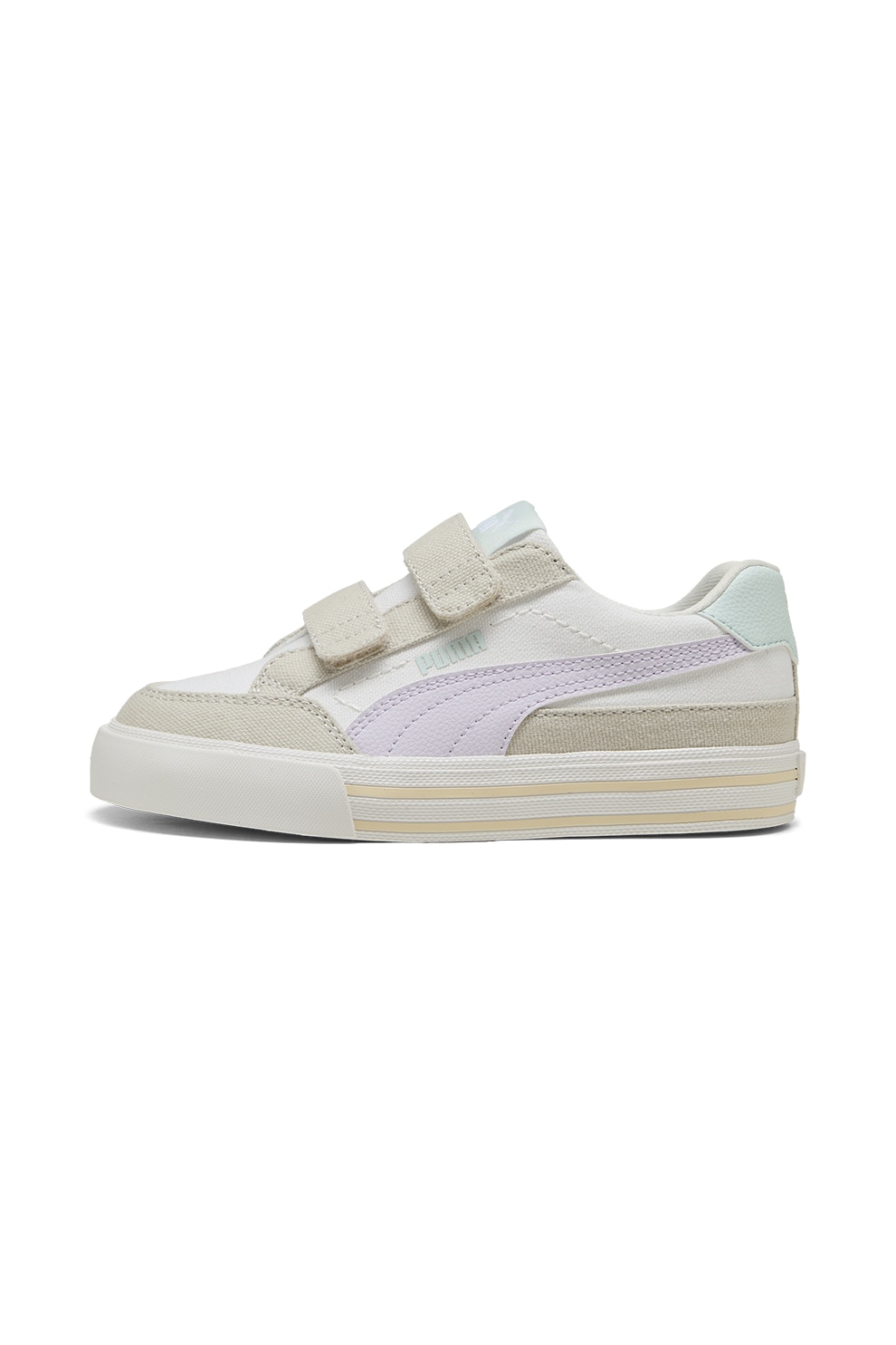 Puma, Pantofi sport cu velcro Court Classic, Alb, Maro nisip, Lila, 33 EU