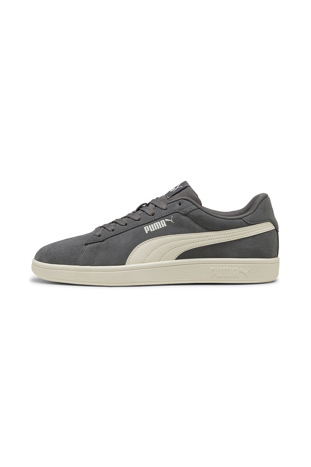 Puma, Pantofi sport Smash 3.0 de piele intoarsa cu insertii de piele, Alb fildes, Gri inchis, 6