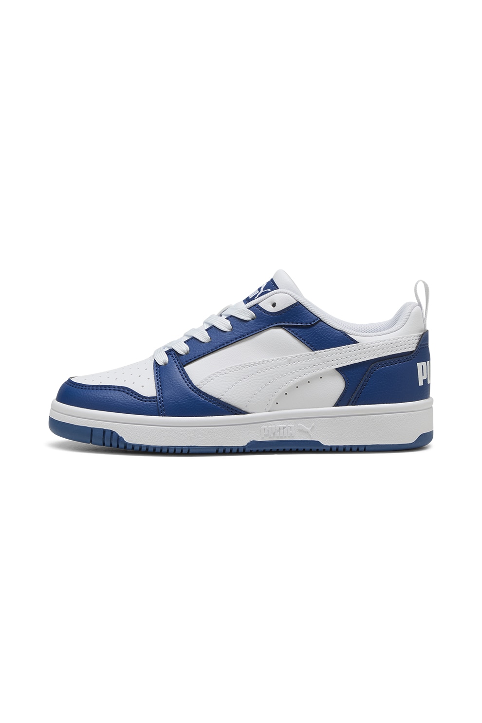 Puma, Pantofi sport Rebound V6 din piele ecologica, Alb, Albastru inchis, 38 EU