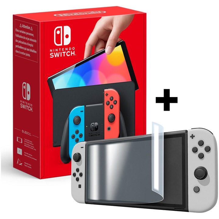 Конзола Nintendo Switch OLED, Neon Blue/Red + Защитно фолио Hydrogel