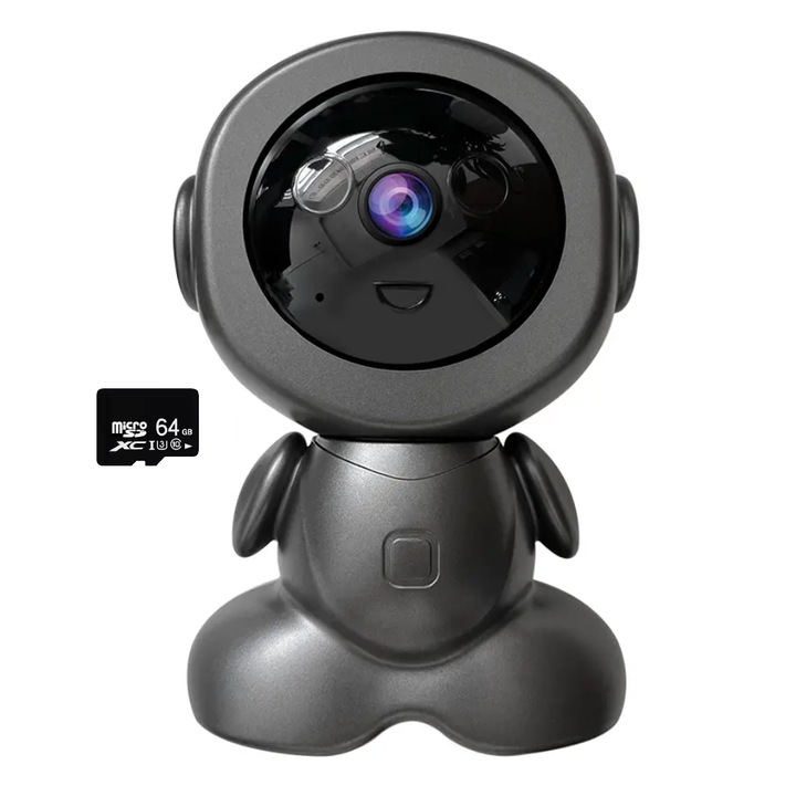 Baby Monitor Smart tip Robot, N2L Store®, Full HD, Wi-Fi, Card 64GB Inclus, Night Vision, Sunet Bidirectional, Rotire 355°, Negru