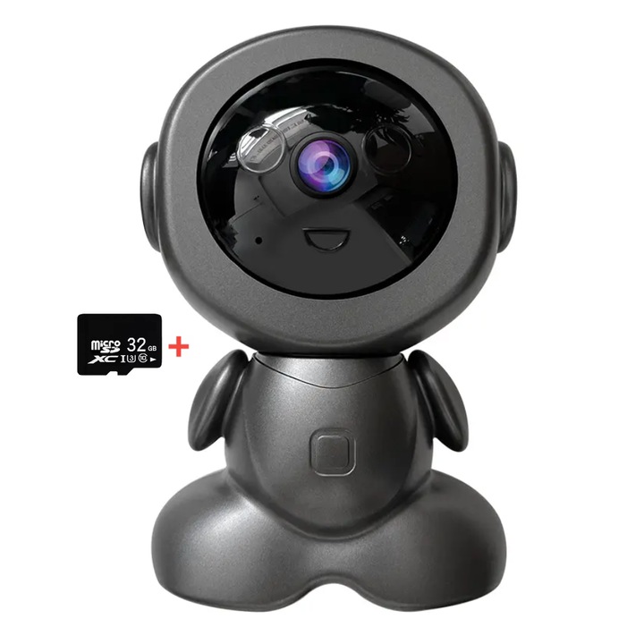 Бебефон N2L Store®, С камера, Роботна, HD 1080P, WIFI, Инфрачервено нощно виждане, Двупосочен звук, Сензор за движение и аларма, Автоматично завъртане на 355° хоризонтално и 75° вертикално, APP контрол, Адаптер, USB кабел и 64GB SD карта включени , Черно
