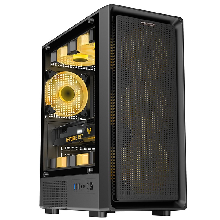 Калъф PRO GAMING VISION BLACK, Middle Tower, M-ATX, No Source, 4X RGB FAN