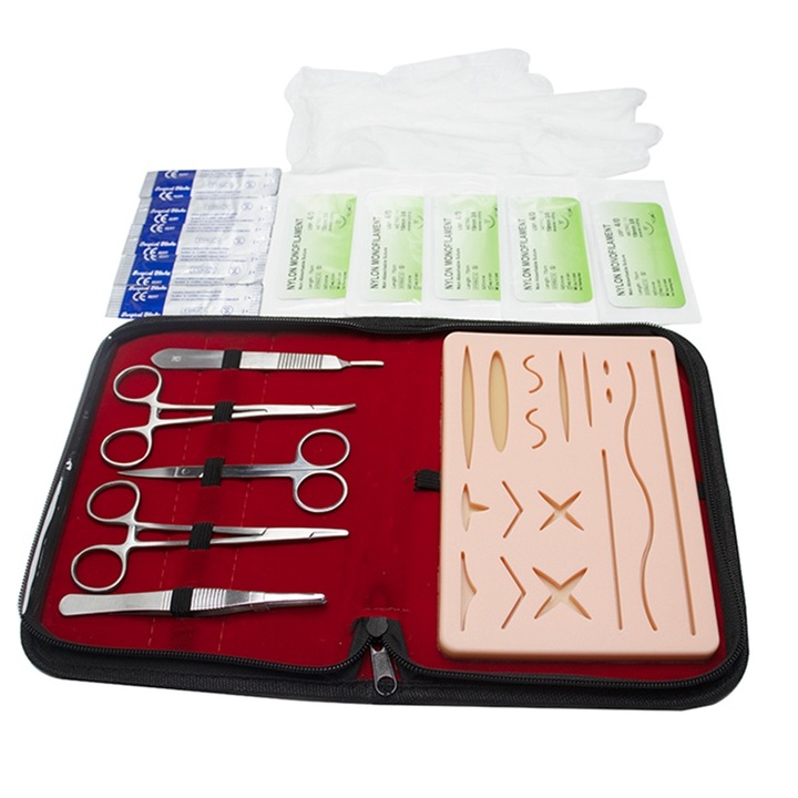 Set 6 Kit profesional pentru practicarea suturilor chirurgicale cu 5 instrumente chirurgicale, sutura, otel inoxidabil, silicon alimentar material, Fudisenn, negru，23*16* 4cm