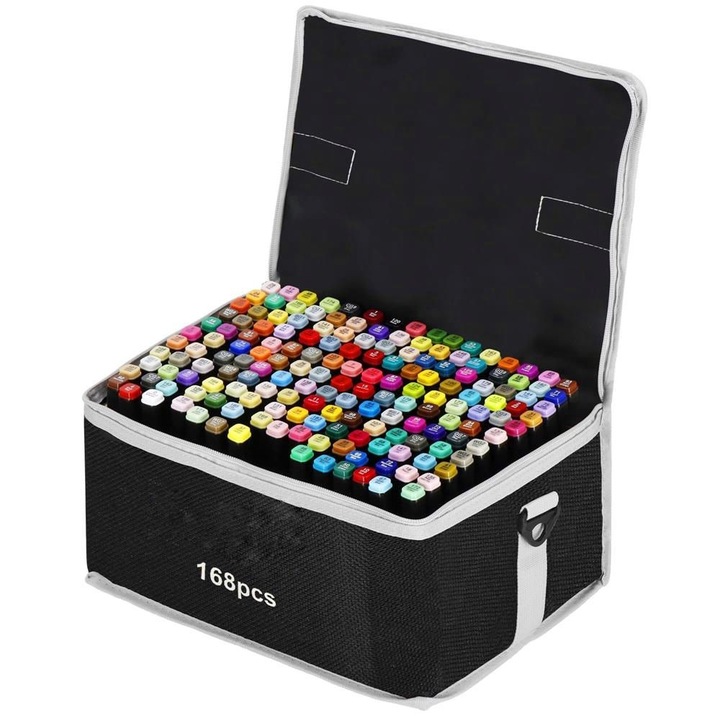 Set 168 markere duble, pe baza de alcool, geanta inclusa, WSC, multicolor