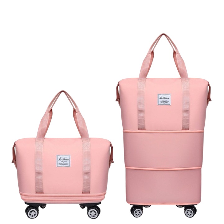 Utazótáska görgőkkel, NEVERMORE®, 25L-55L, három rétegben összehajtható, bővíthető vízálló, Kivehető görgők, Tárolótáskával, férfi és női, 42x23x63cm, rózsaszín