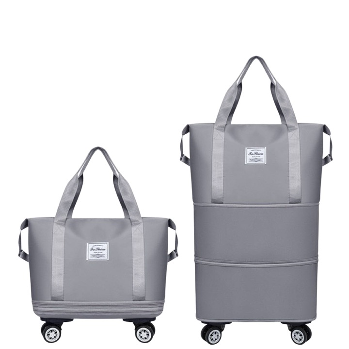 Пътна чанта с колелца, NEVERMORE®, 25L-55L, трислойна, сгъваема, разширяваща се водоустойчива, Свалящи се ролки, С чанта за съхранение, за мъже и жени, 42x23x63cm, сива