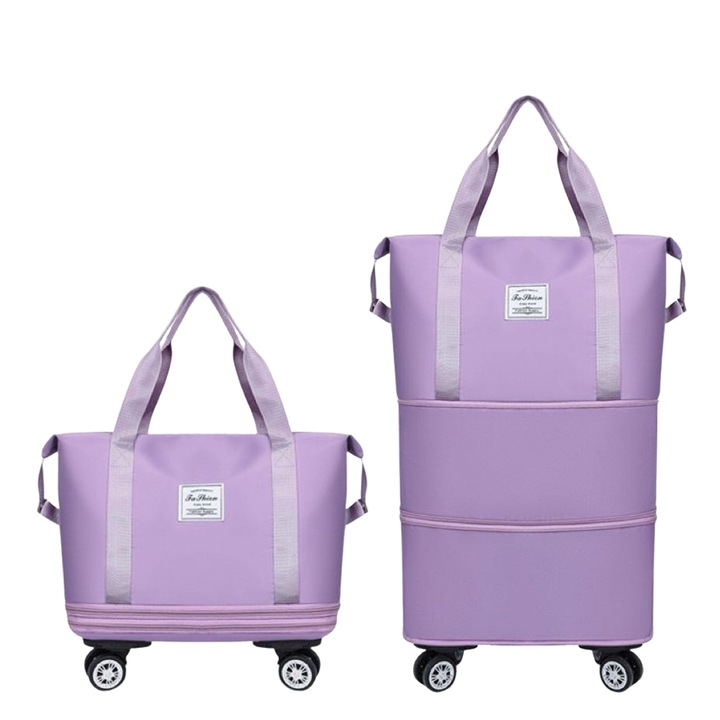 Utazótáska görgőkkel, NEVERMORE, 25L-55L, három rétegben összehajtható, bővíthető vízálló, Kivehető görgők, Tárolótáskával, férfi és női, 42x23x63cm, lila