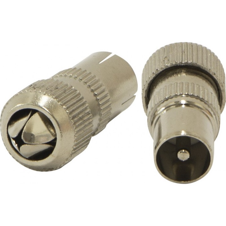 Set 2xConector (Mufa) TV Tata/TV Mama Drept Metalic Ecranat 75 Ohm cu Surub