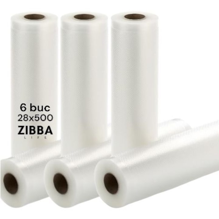 Set 6 Role 28 cm x 500 cm Gofrate Pungi de Vidat Zibba Life™, Compatibile cu Orice Aparat de Vidat, Reutilizabile, Fara BPA