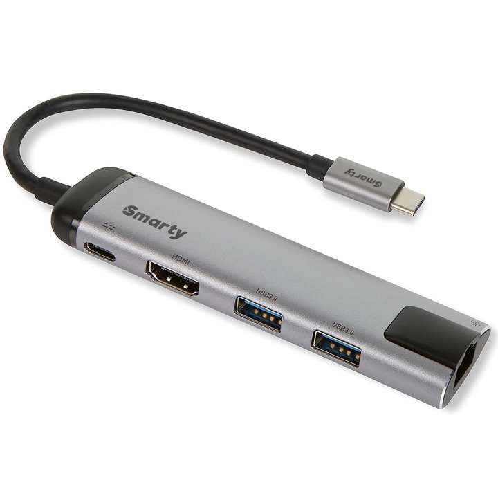 USB Type-C хъб с 5 порта Smarty Light VBoost V2, 2x USB 3.0, 1x HDMI, 1x Type C 100W PD, 1x Интернет порт 1000Mbps, Алуминиев корпус, Сребрист