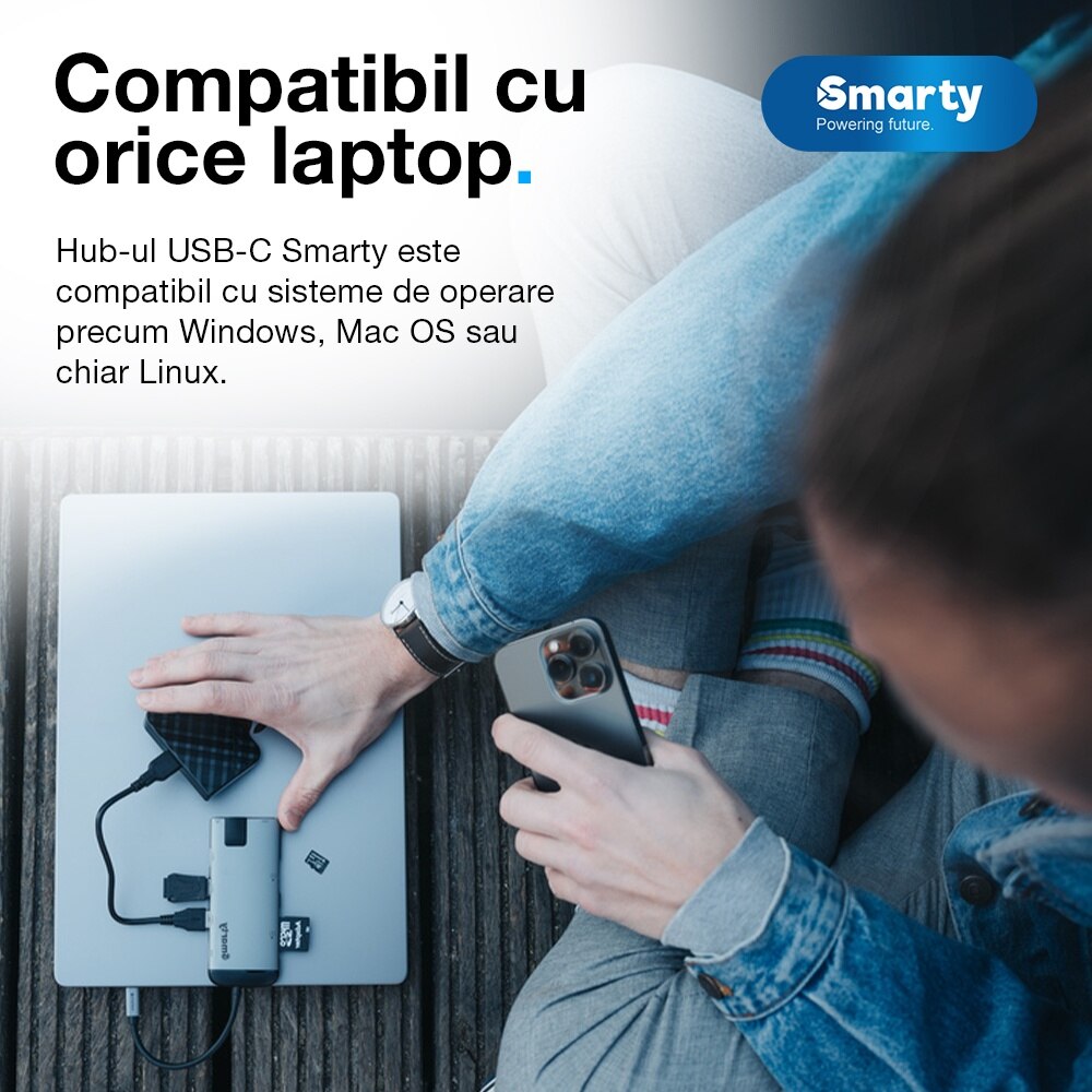 Hub USB Type-C cu 8 port-uri Smarty Pro VBoost V2, 3x USB 3.0, 1x HDMI ...