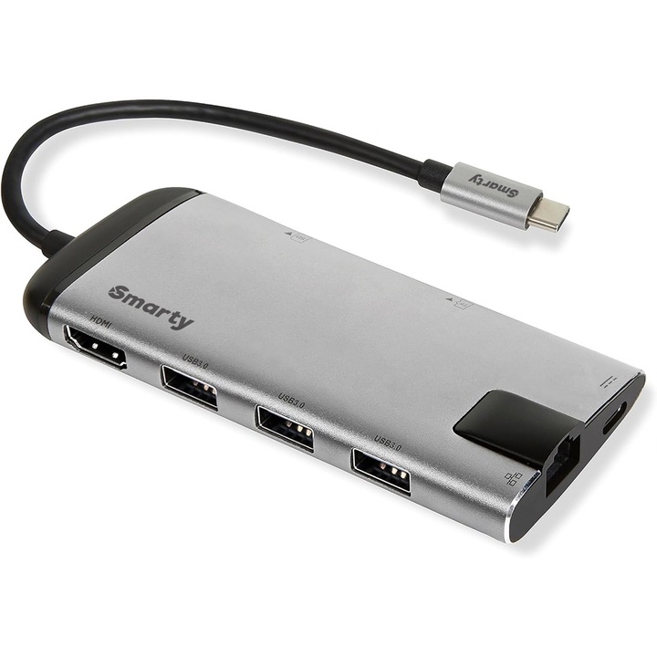 USB Type-C хъб с 8 Smarty Pro VBoost V2 порта, 3x USB 3.0, 1x HDMI, 1x Type C 100W PD, 1x 1000Mbps интернет порт, 1x SD/microSD четец на карти, алуминиев корпус, за телефон и лаптоп Сребрист