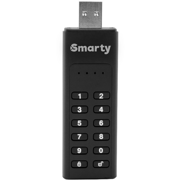 Smarty KeySecure Pro V2 USB памет, 32GB, USB 3.2, AES 256-битово хардуерно криптиране, LED индикатор, Разширена защита, Черен