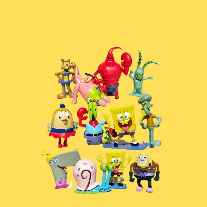 Комплект фигурки на Спондж Боб Квадратни гащи, ZOUN, 12 части, 7 - 8 см, смола, многоцветни