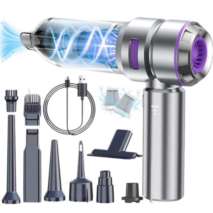 Hordozható kézi porszívó akkumulátorral 2 az 1-ben, otthoni vagy autós használatra, Vezeték nélküli, 3 sebesség, 15000 Pa, HEPA szűrő, Fúvó funkció, Szívó funkció, Type-C töltés, Akkumulátor 6000 mAh, Ezüst