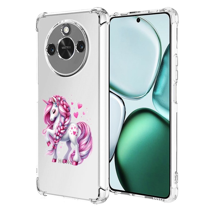 Противоударно покритие за honor x9c smart, airbag, розов еднорог, прозрачен
