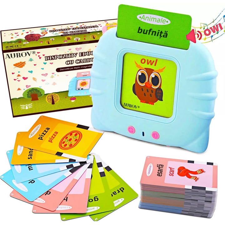 Jucarie Educativa Montessori Bilingva, Romana/Engleza pentru copii, Aurov®, 448 Cuvinte, 112 Carduri, Pronuntie Clara, Efecte Sonore Realiste, 3 Moduri, Consolidarea Memoriei, Fara Wi-Fi, Albastru
