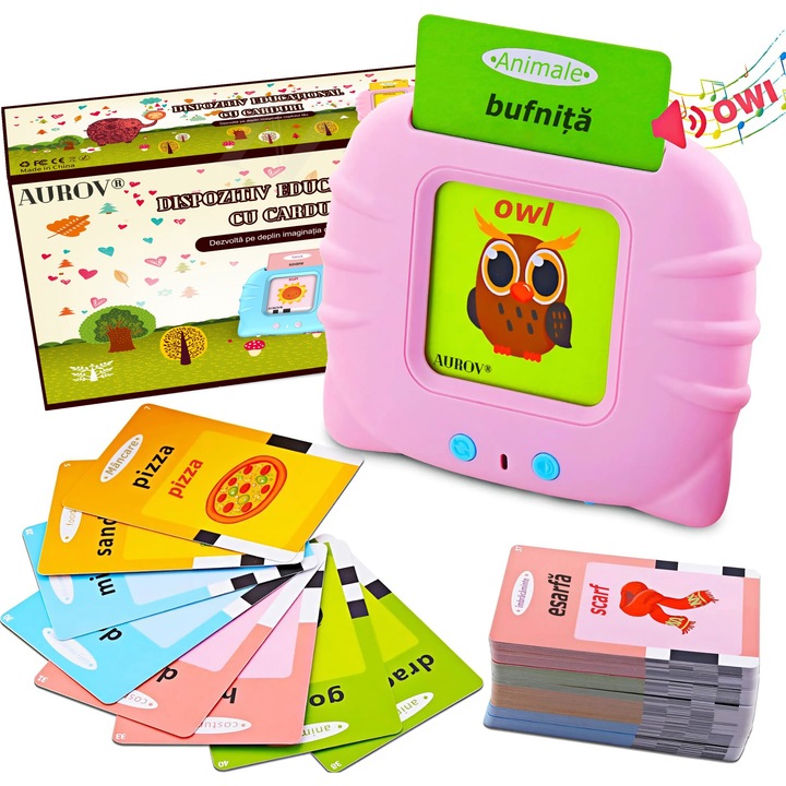 Jucarie Educativa Montessori Bilingva, Romana/Engleza pentru copii, Aurov®, 448 Cuvinte, 112 Carduri, Pronuntie Clara, Efecte Sonore Realiste, 3 Moduri, Consolidarea Memoriei, Fara Wi-Fi, Roz